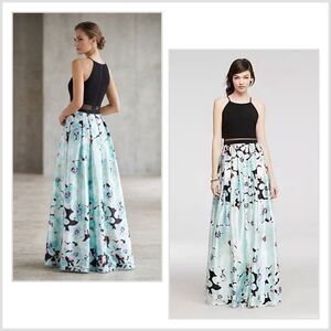 Maxi A-Line Dress Sz 4 Gown Mesh Waist Panel Black Top Blue Satin Floral Skirt